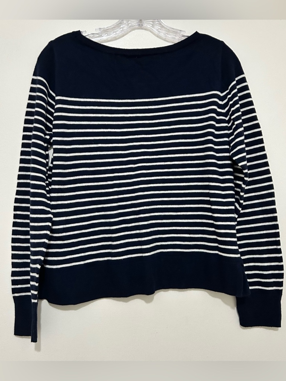 GAP Navy Blue White Striped Boatneck Knit Sweater Pullover Sz S Side Slit Preppy - Picture 2 of 6